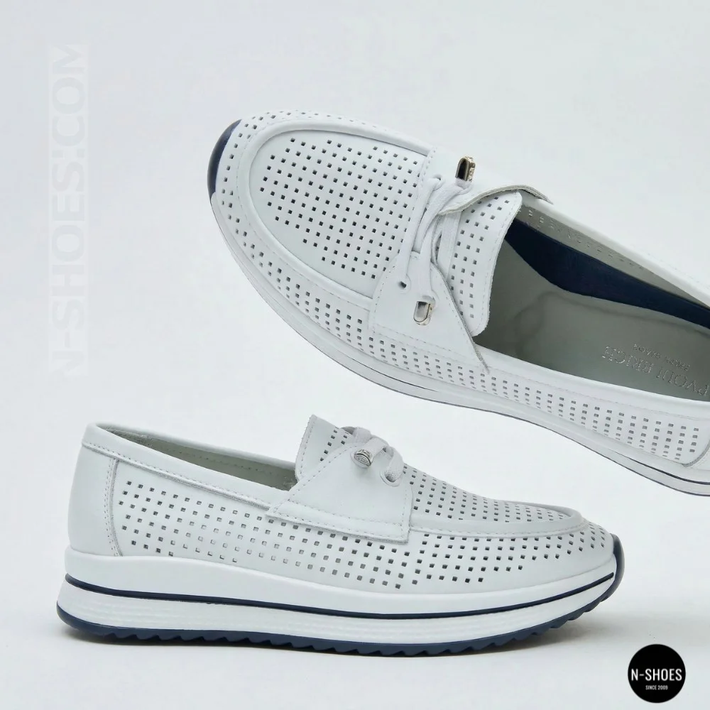 Women's White Leather Perforated Moccasins with Comfortable Lace-up