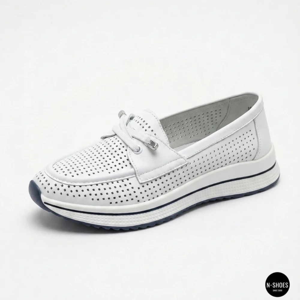 Women's White Leather Perforated Moccasins with Comfortable Lace-up