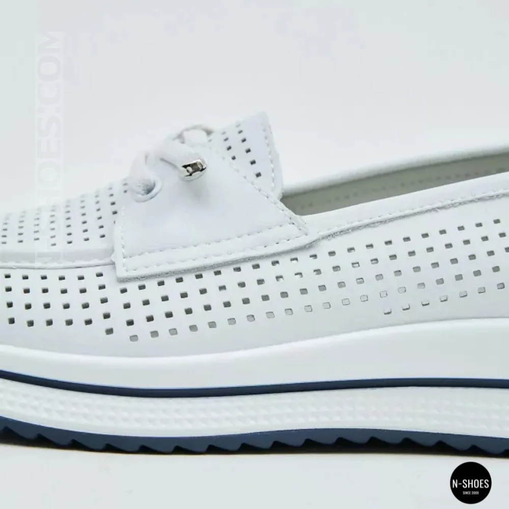 Women's White Leather Perforated Moccasins with Comfortable Lace-up