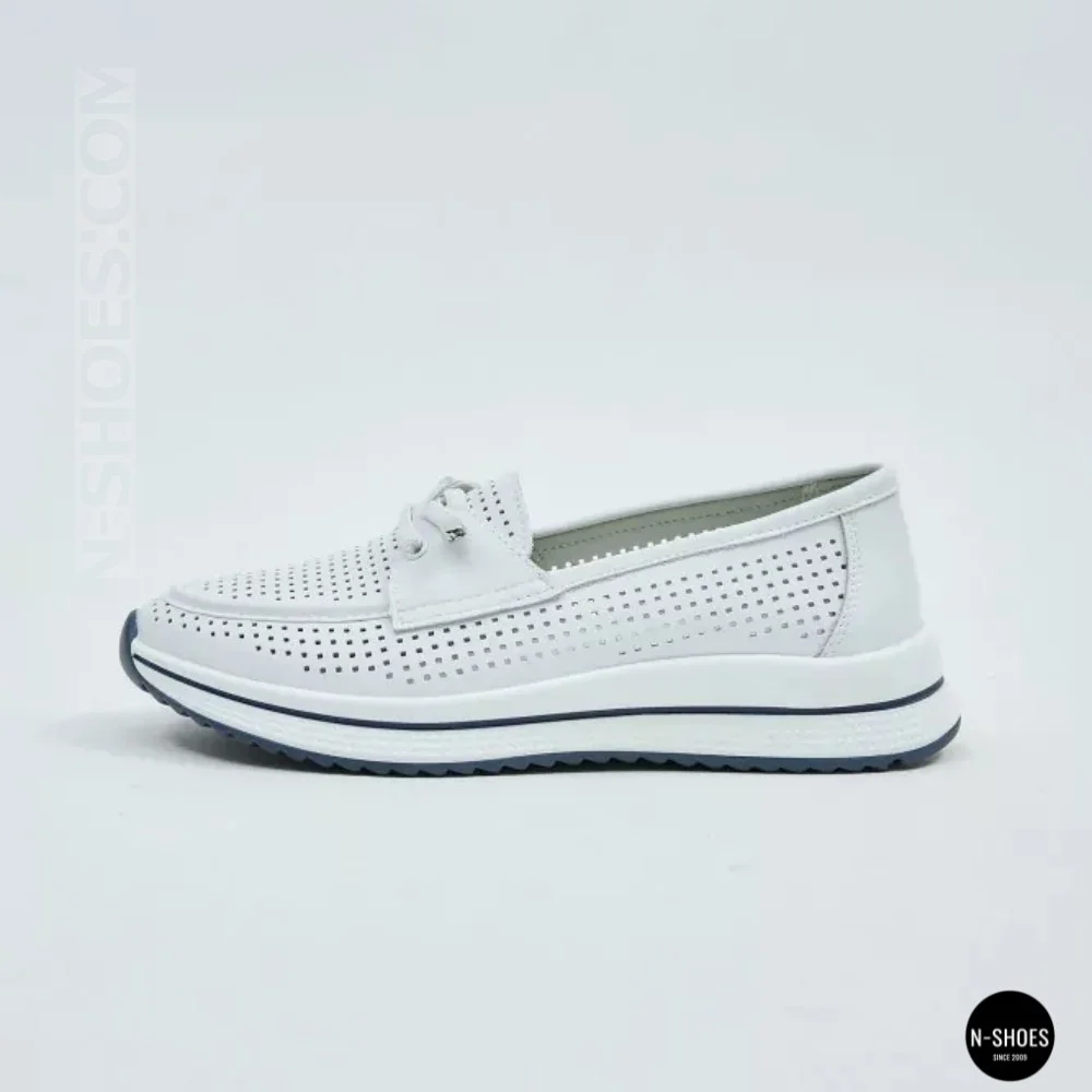 Women's White Leather Perforated Moccasins with Comfortable Lace-up