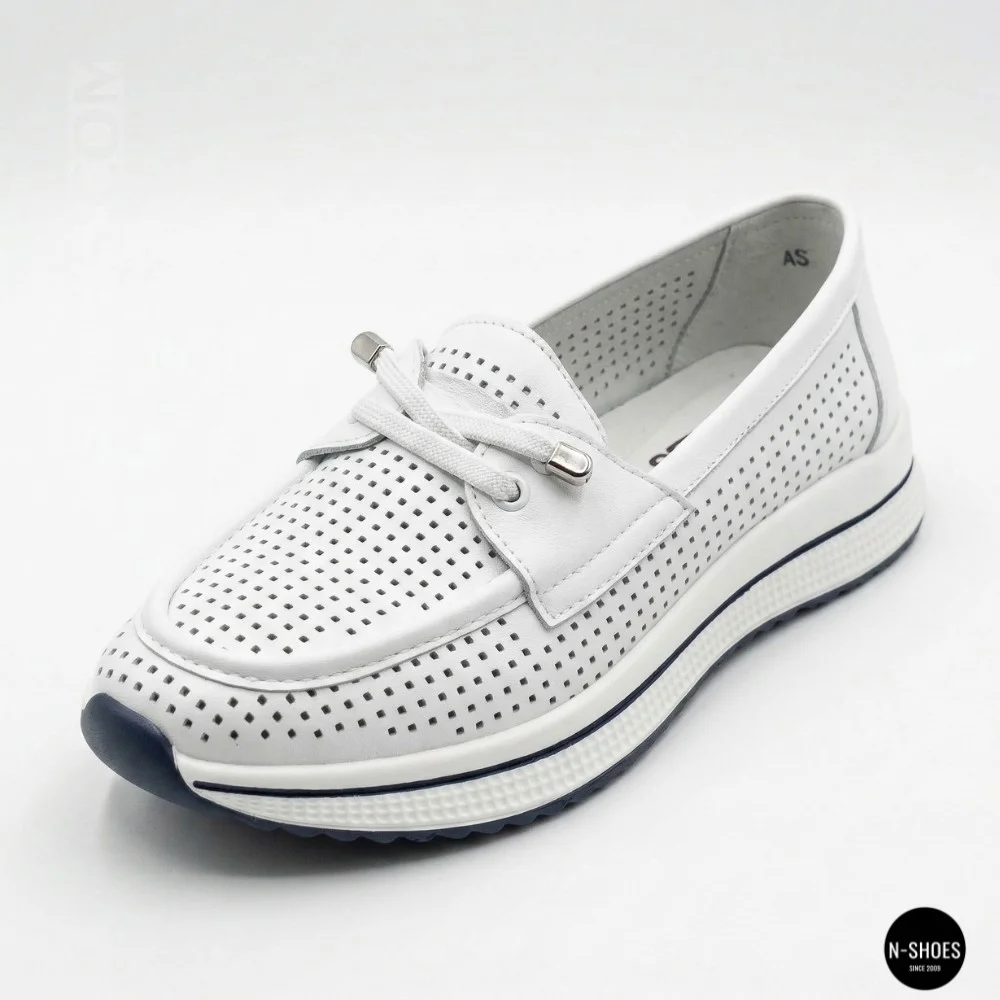 Women's White Leather Perforated Moccasins with Comfortable Lace-up