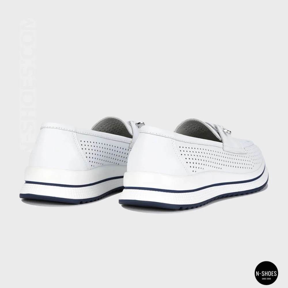 Women's White Leather Perforated Moccasins with Comfortable Lace-up