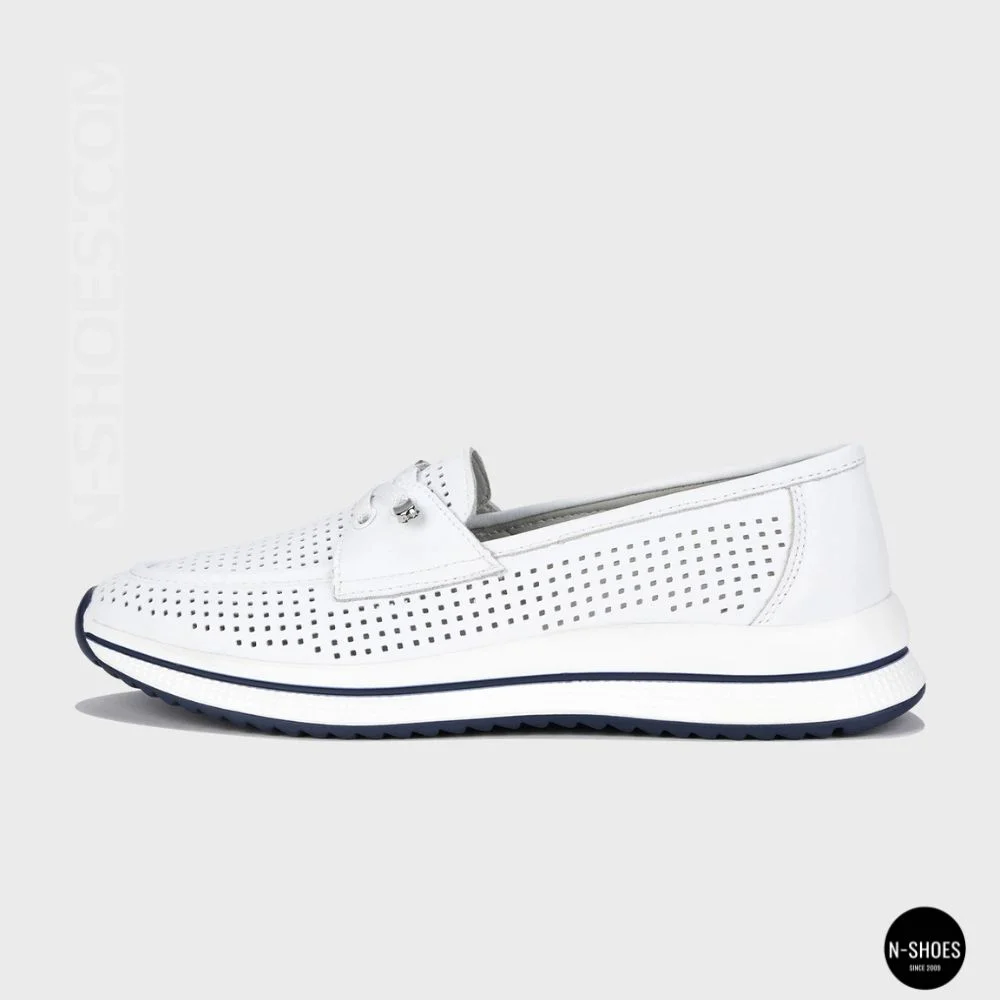 Women's White Leather Perforated Moccasins with Comfortable Lace-up