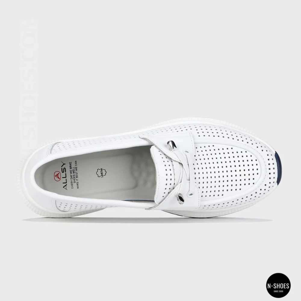 Women's White Leather Perforated Moccasins with Comfortable Lace-up