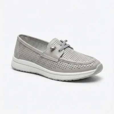 Women's gray leather moccasins with perforations Allsy Lonza 207262 A09-7721-4 GREY lonza 207263 6127 comfortable with rubber lacing