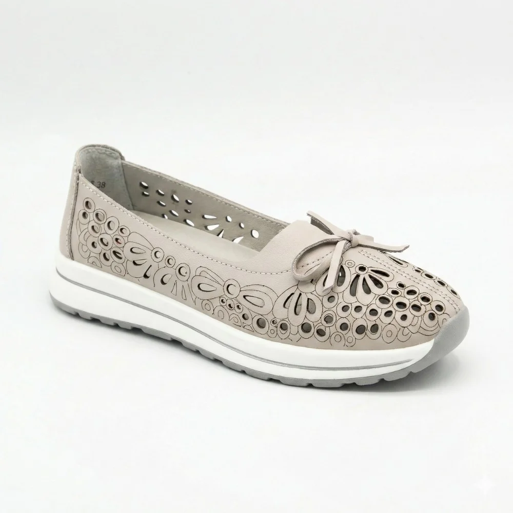 Women's Grey Leather Perforated Moccasins Allsy 208175 l2-5273-5 lonza grey AY 6144