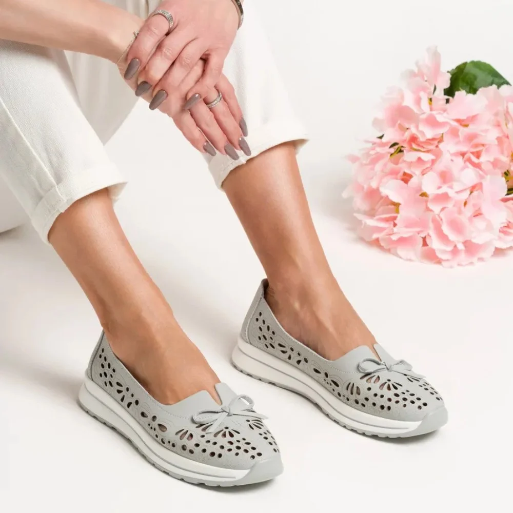 Women's Grey Leather Perforated Moccasins Allsy 208175 l2-5273-5 lonza grey AY 6144