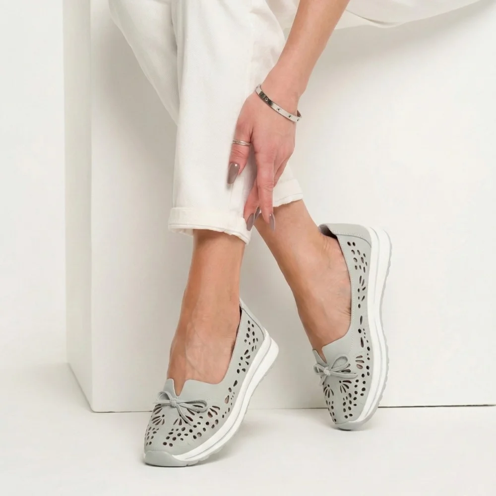 Women's Grey Leather Perforated Moccasins Allsy 208175 l2-5273-5 lonza grey AY 6144