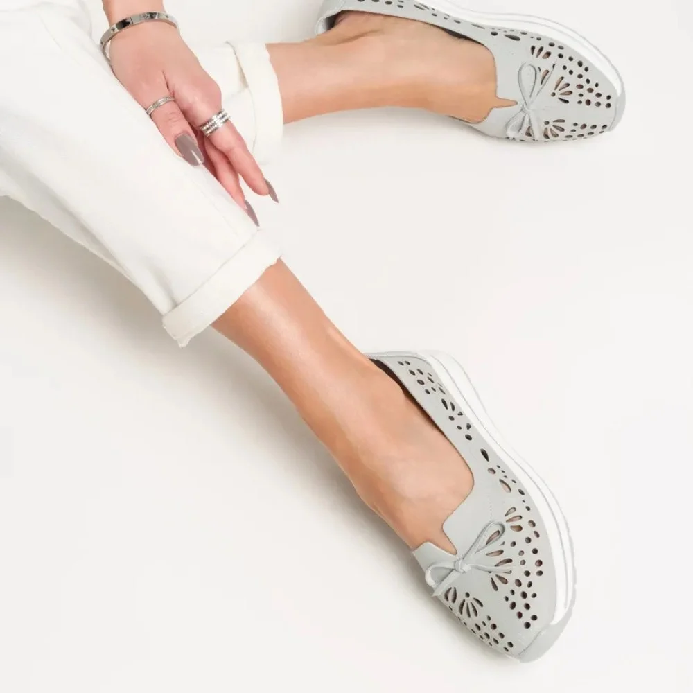 Women's Grey Leather Perforated Moccasins Allsy 208175 l2-5273-5 lonza grey AY 6144