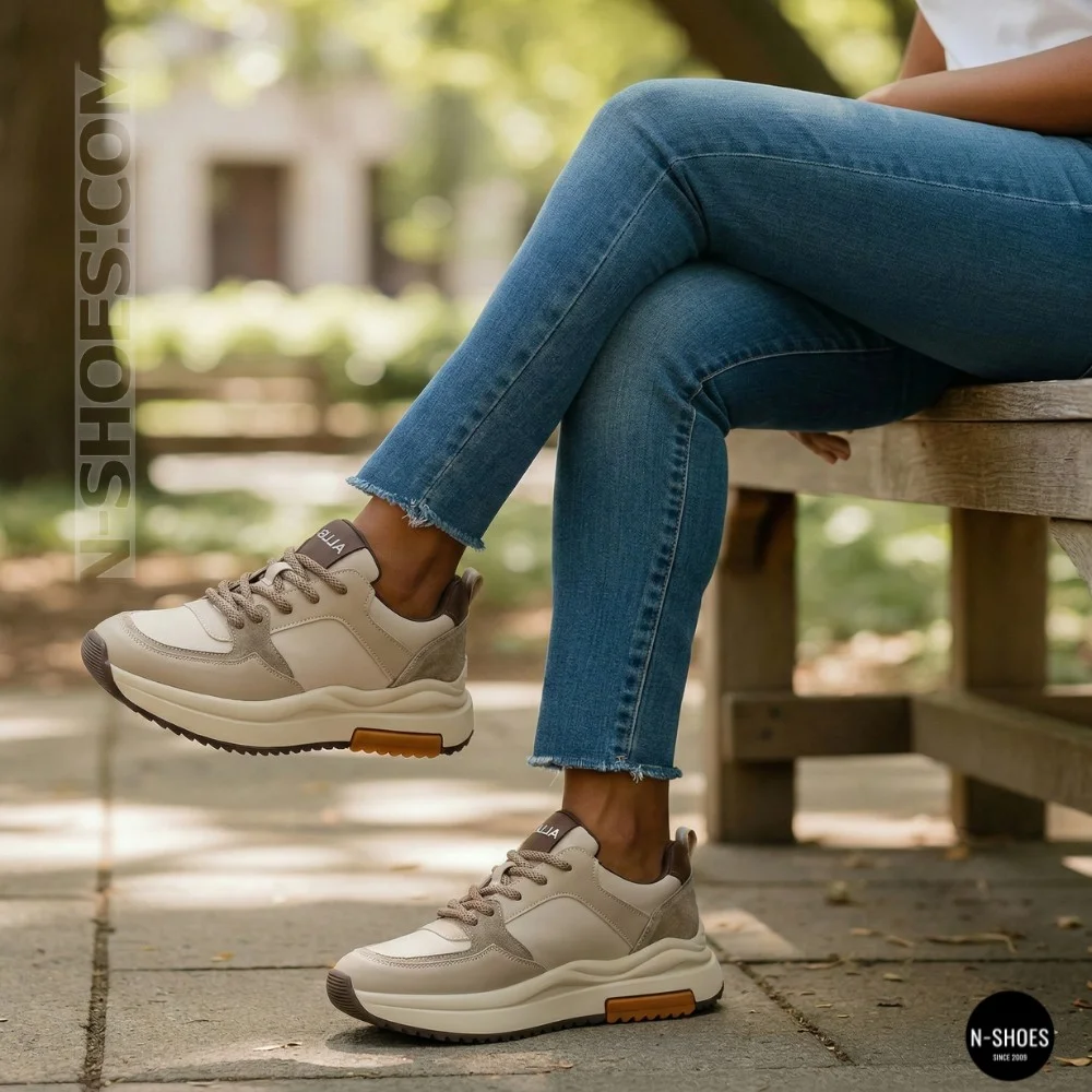 Women's Leather Chunky Sneakers Allsy 207671 512-662977-3 BEIGE AY 6159