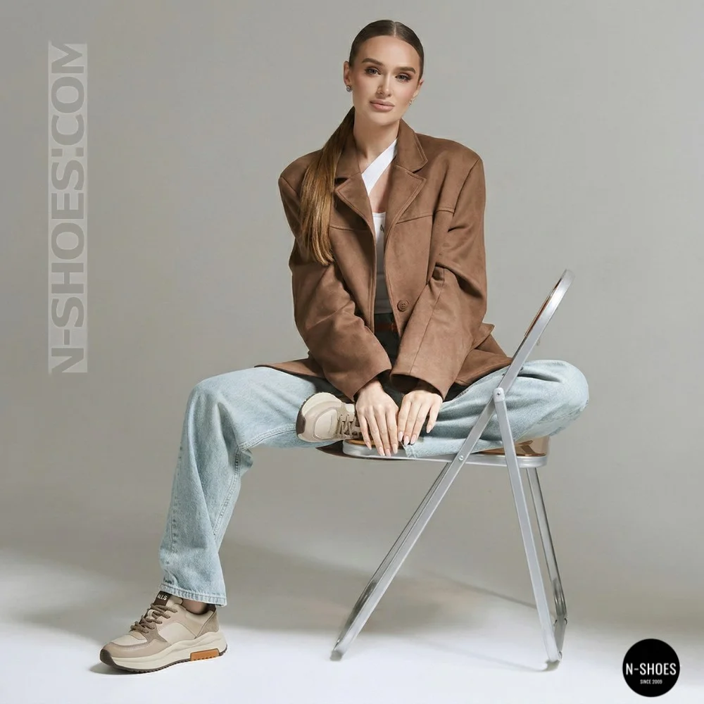 Women's Leather Chunky Sneakers Allsy 207671 512-662977-3 BEIGE AY 6159