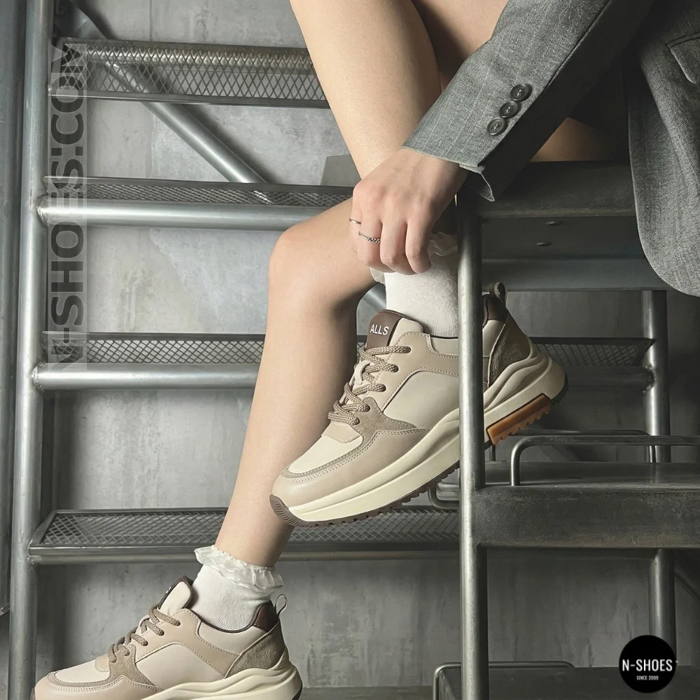 Women's Leather Chunky Sneakers Allsy 207671 512-662977-3 BEIGE AY 6159