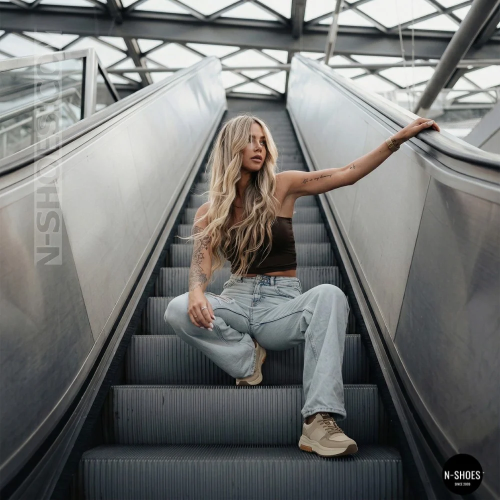 Women's Leather Chunky Sneakers Allsy 207671 512-662977-3 BEIGE AY 6159