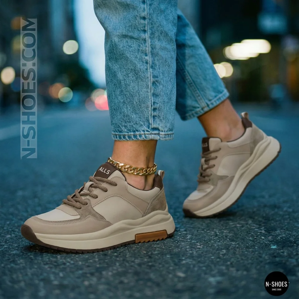 Women's Leather Chunky Sneakers Allsy 207671 512-662977-3 BEIGE AY 6159