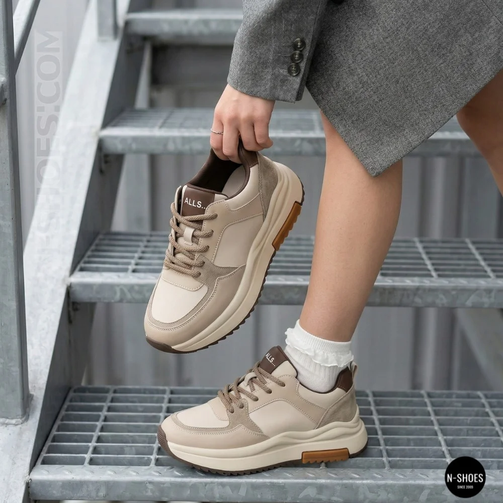 Women's Leather Chunky Sneakers Allsy 207671 512-662977-3 BEIGE AY 6159