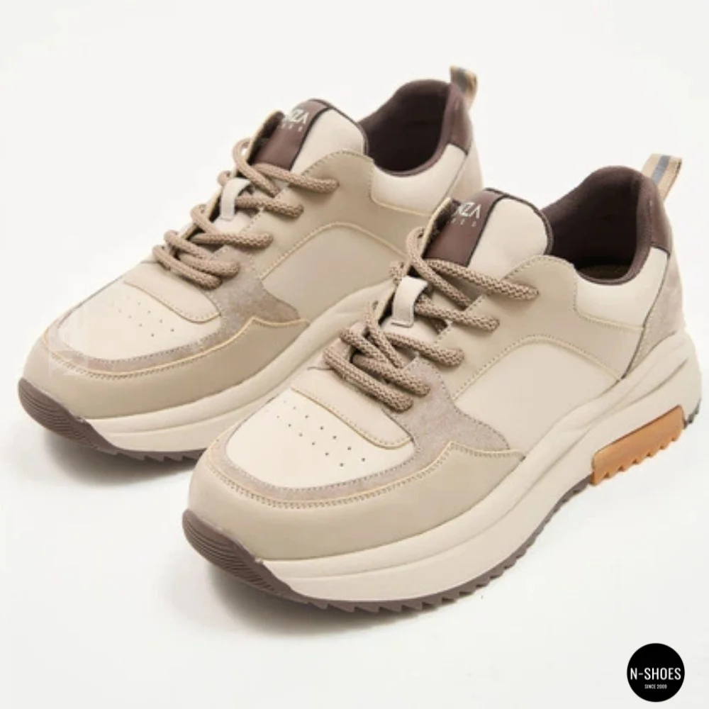 Women's Leather Chunky Sneakers Allsy 207671 512-662977-3 BEIGE AY 6159