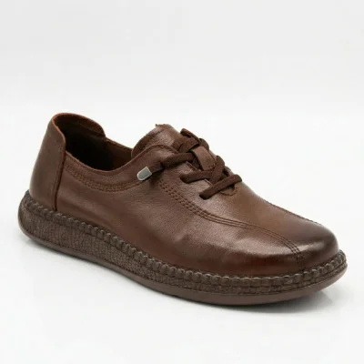 Женские комфортные кожаные коричневые кеды-мокасины Allsy 207744 q1-01-3 Brown 6171 демисезонные на резиновых шнурках в стиле ECCO