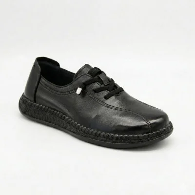 Женские комфортные кожаные черные кеды-мокасины Allsy 207743 q1-01-2 Black 6172 демисезонные на резиновых шнурках в стиле Rieker