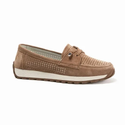 Women's loafers-moccasins made of natural suede with perforation Allsy 210294 05612-26 Lonza Camel 6183, brown, in the style of Brunello Cucinelli