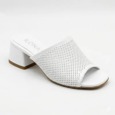 Women's white clogs with a stable heel Ilona 76-453 6218 with perforation in the style of Tamaris