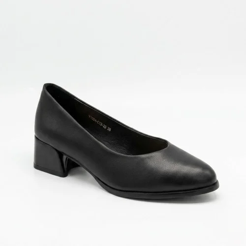 Женские черные классические туфли челноки Allsy 218851 V1533-C13-20 6333 BLACK из натуральной кожи на устойчивом среднем каблуке