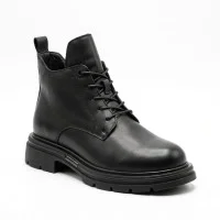 Жіночі зимаві чорні шкіряні черевики Allsy 219306 215237 9286L2-2 BLACK 6469 з натуральної шкіри утеплені вовною на тракторній підошві зі шнурівкою та блискавкою