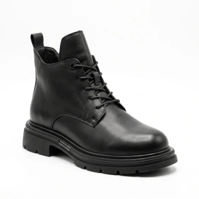 Жіночі зимаві чорні шкіряні черевики Allsy 219306 215237 9286L2-2 BLACK 6469 з натуральної шкіри утеплені вовною на тракторній підошві зі шнурівкою та блискавкою