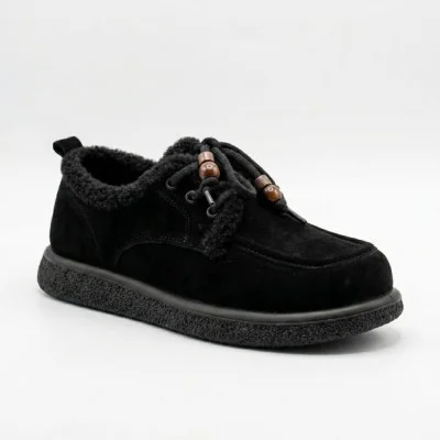 Black suede women's winter shoes Allsy 216256 lt-26n26a-24m black 6625 on a thick sole with fur trim and decorative beads on the laces, perfect for car ladies Black suede women's winter shoes Allsy 216256 lt-26n26a-24m black 6625 on a thick sole with fur trim and decorative beads on the laces, perfect for car ladies