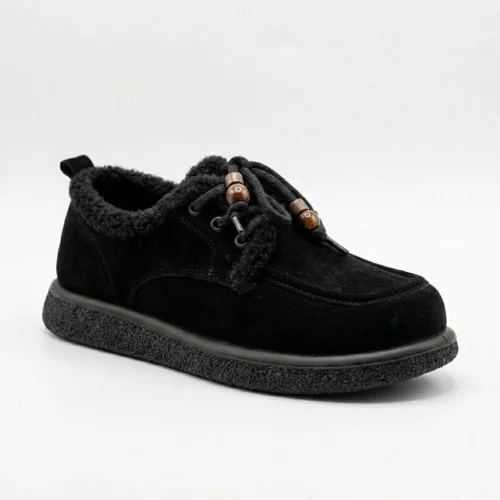 Black suede women's winter shoes Allsy 216256 lt-26n26a-24m black 6625 on a thick sole with fur trim and decorative beads on the laces, perfect for car ladies Black suede women's winter shoes Allsy 216256 lt-26n26a-24m black 6625 on a thick sole with fur trim and decorative beads on the laces, perfect for car ladies