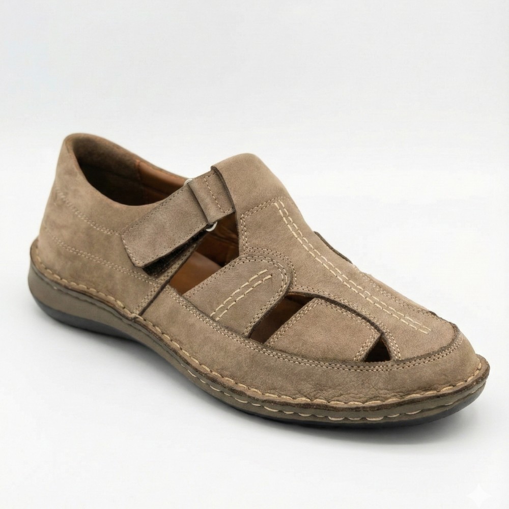Men's summer moccasin shoes beige N-SHOES Mens 211818 Beige Nubuck 6161 leather with Velcro